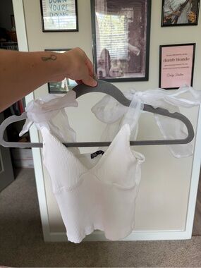 White Ribbed Tie-Shoulder Top
